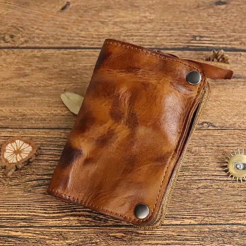 

Vintage Men Key Wallet Handmade Genuine Leather Smart Key Ring Zipper Coin Purse Card Holder Housekeeper Key Bag Short Wallet