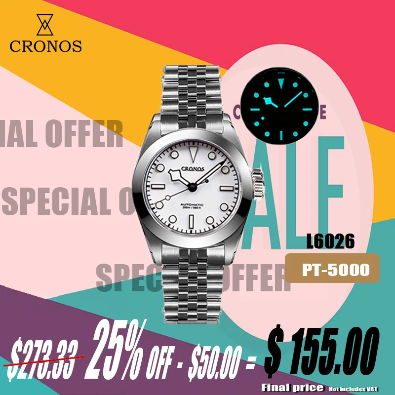 Cronos BB39 Mechanical Men‘s Watches 39mm Automatic PT5000 SW200 Snow Hands Sapphire Glass Bushed Bracelet 20ATM L6026M