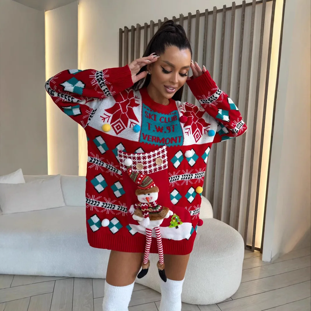 

Autumn Winter Christmas Fashionable Temperament Matching Sweater Loose Thick Red Knitted Pullovers Cozy Women's Outwear