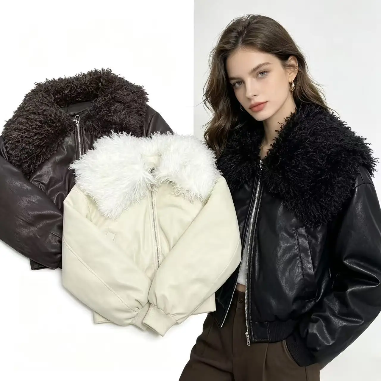 Lambswool Lapel PU Leather Coat Winter Motorcycle Jackets Cotton Padded Coat Women Warm Thick Padded Short Top Y2k Streetwear