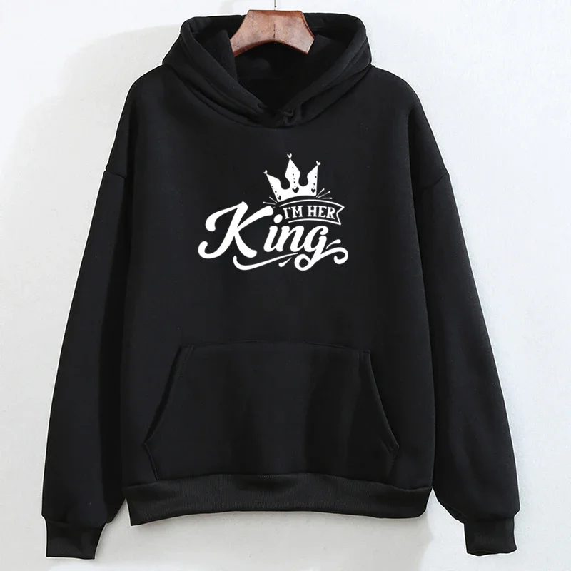 Matching Couples Sweatshirt I’m Her King I’m His Queen Graphic Women Sweater Long Sleeve Print Matching Outfit for Couples Hoody