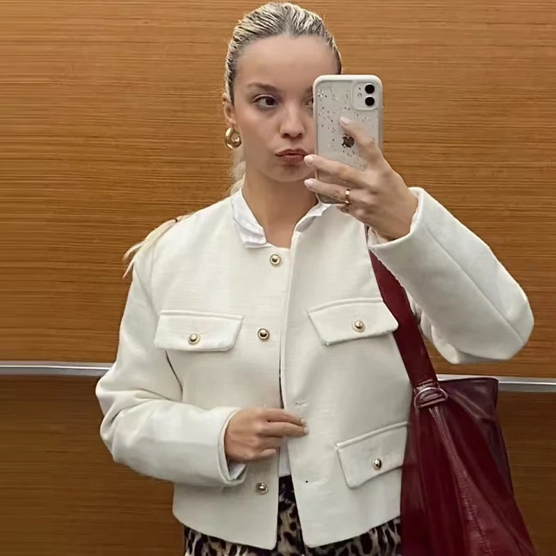 HXAO Tweed Bomber Jacket Women's Jackets Autumn 2025 Cropped Button Up Outerwears Elegant Fashion o-Neck Long Sleeve Top Female