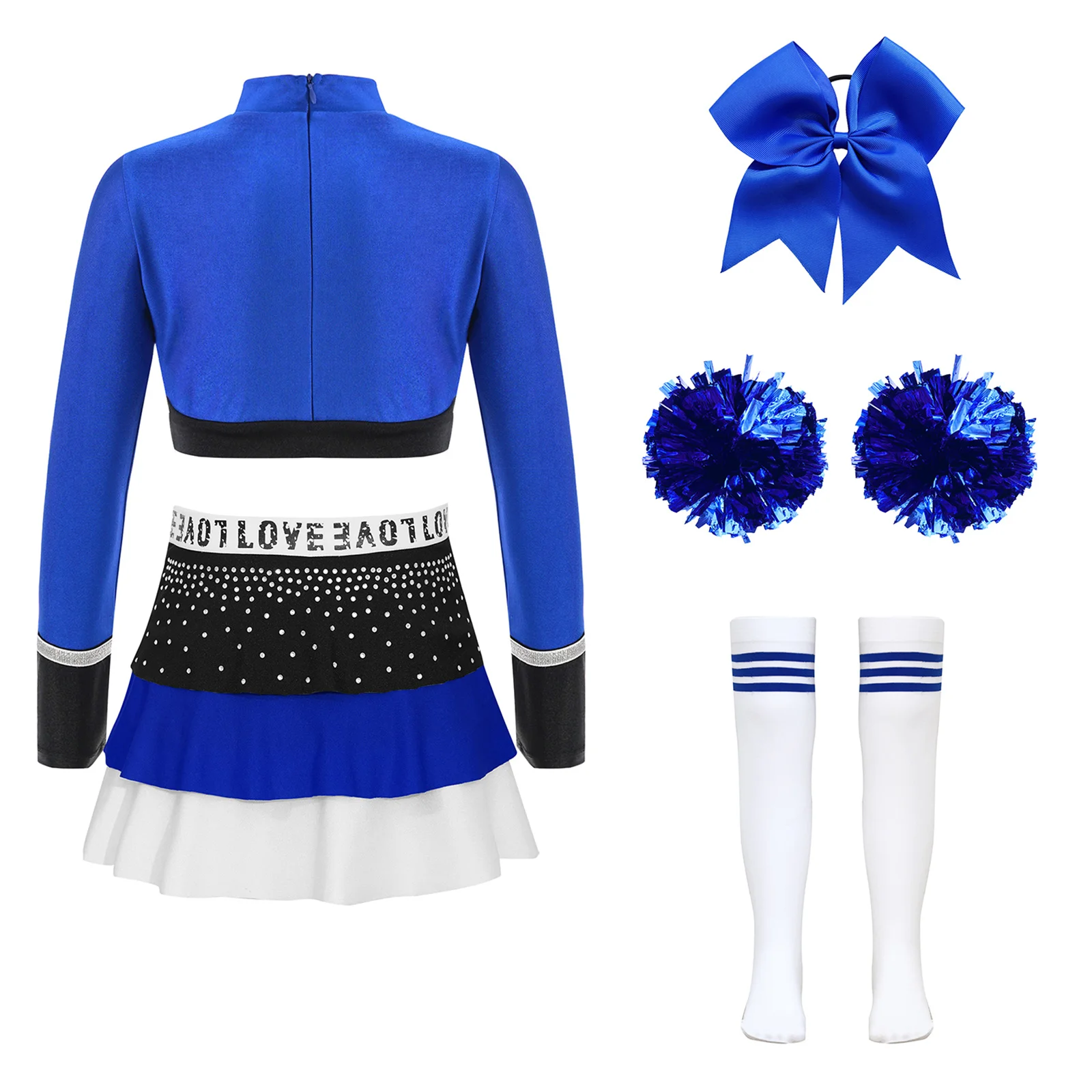 Girls Cheerleading Outfit Rhinestone Long Sleeve Crop Top and Tiered Ruffled Skirt Flower Balls and Socks Cheerleaders Dance Set