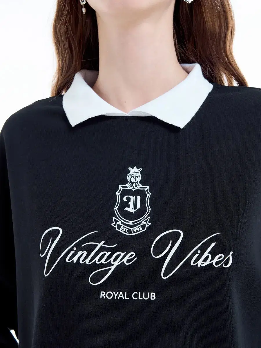 Preppy College Lady Crew Neck Lapel Sweatshirt Retro Badge Printed Long Sleeve Pullover Autumn Winter Loose Sport Preppy-style