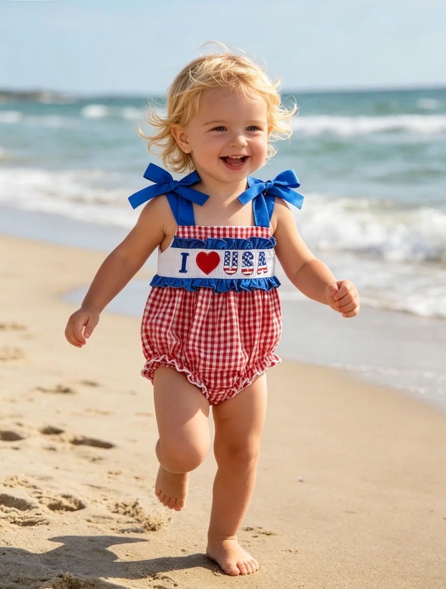 Romper de burbujas de tela vichy para niña de 0 a 24 meses, con lazo azul y tirantes finos, bordado patriótico del 4 de julio, para verano, Día de la Independencia