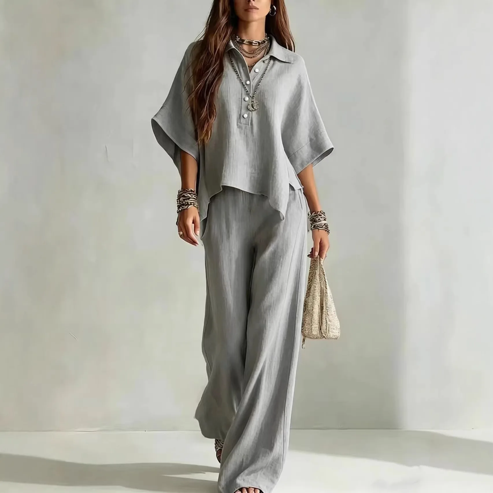 

2026 New Solid Color Pants Set 2026 Summer Loose Half-sleeved Shirt Loose Wide-leg Trousers Two-piece Set Fashion Vacation Suit