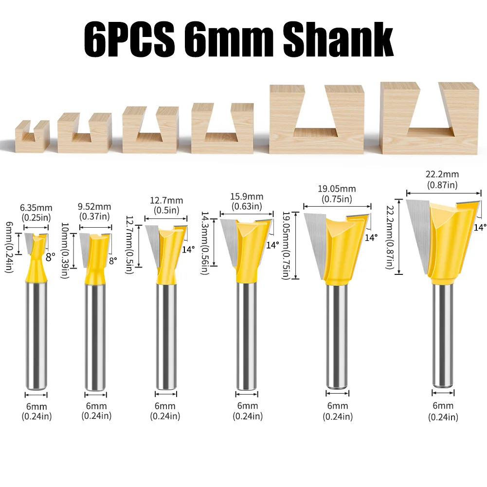 6/6.35mm Shank Dovetail Joint Router Bits Set 14 Degree Milling Cutter for Wood End Mill CNC Carpentry Tools 1/4” 1/8” 5/8” 3/4”