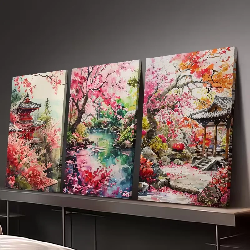 

5D Diy Алмазная картина Триптих Азиатская архитектура, фарм, розовое дерево Пейзажное украшение 3 шт. Алмазная вышивка Настенные панно