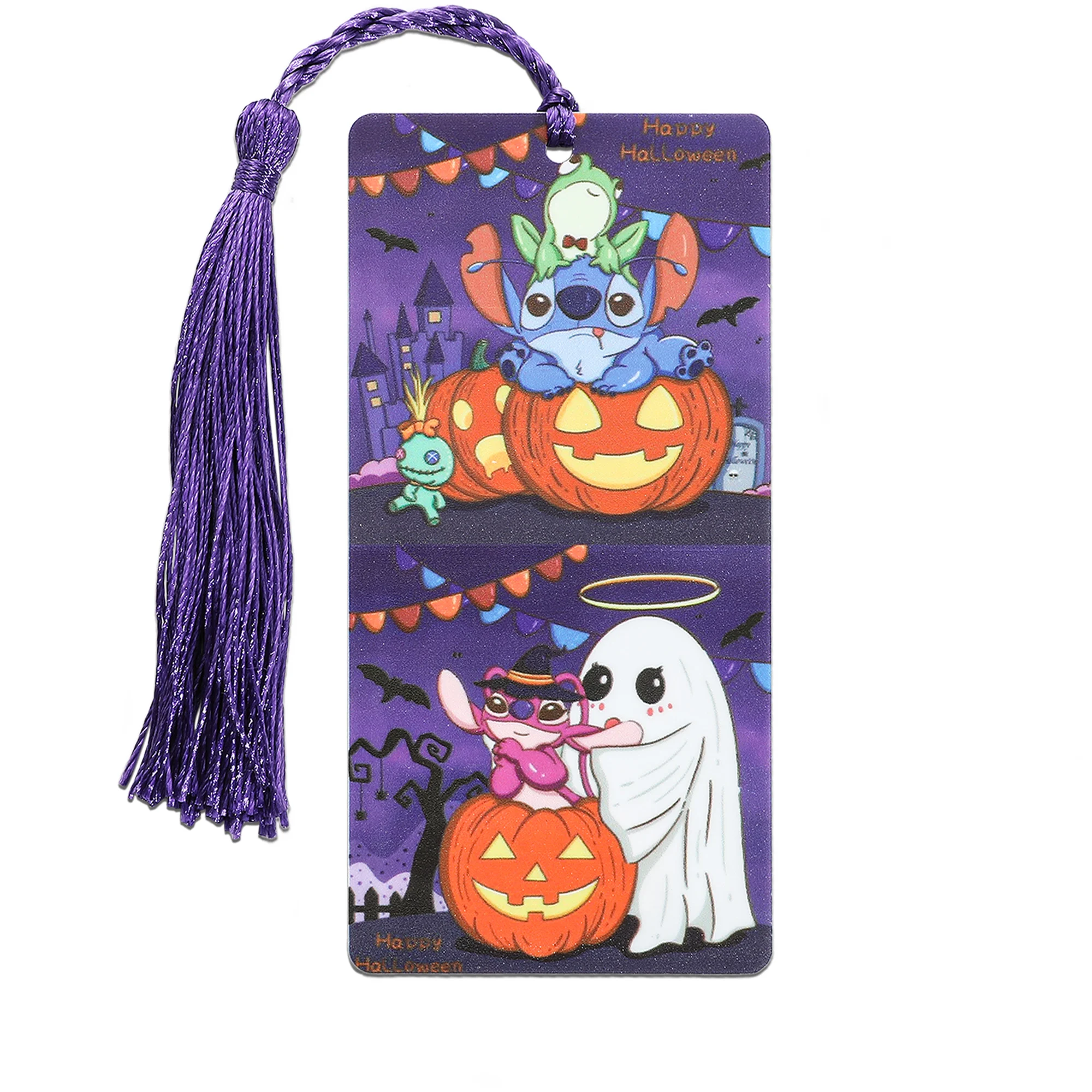 Halloween Cretive Stitch and Angel Pumpkin Ghost Frog Bookmark with Purple Tassel Acrylic Card Halloween Party Decor Gifts