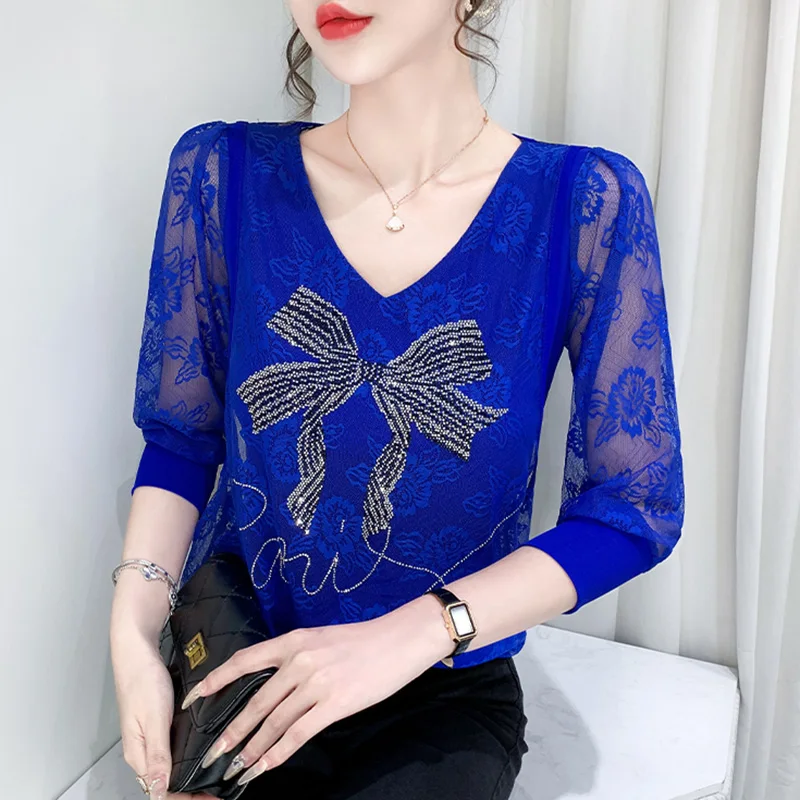 

New Spring Autumn V-Neck Three-Quarters Sleeve Women's T-Shirt Fashion Casual Hot Diamond Lace Tops M-3XL Loose Soft Clothes