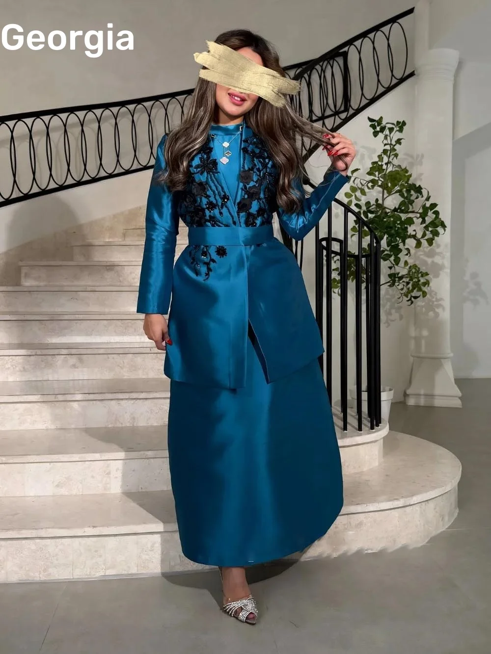 Abiti di lusso personalizzati Abiti da sera con scollo rotondo Colonna Abiti da ballo alla caviglia Fiori Cerniera Maniche lunghe Festa elegante