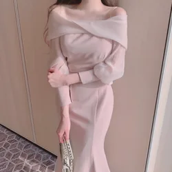 Sexy One Neck Off Shoulder Bubble Sleeves Waist Tie Long Sleeve Fishtail Dress Pink Black Wrap Hip Robe Femme Summer 2024