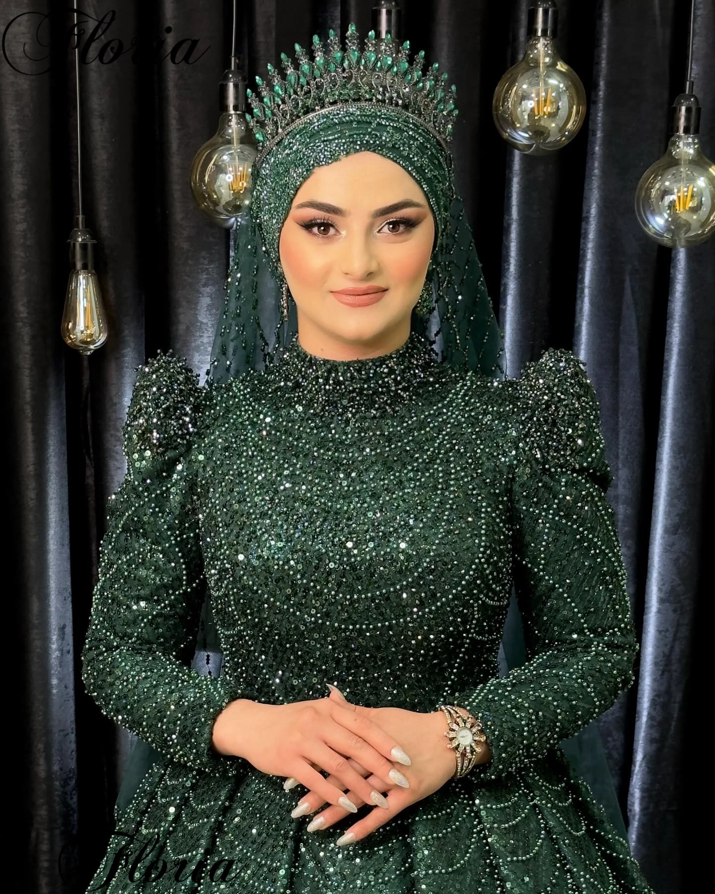 Dark Green Muslim Evening Dresses Beaded Long Sleeves Wedding Party Dresses Formal Occasion Dresses Luxury Robes De Soirée