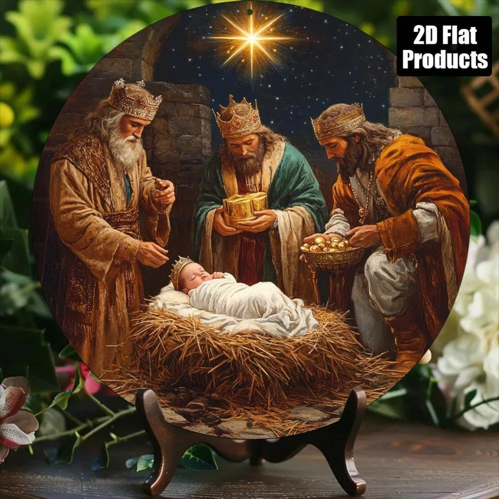 Decoración de Pared 2D Vintage con Escena de los Reyes Magos de Belén, Arte en Aluminio con Diseño de Corona, Regalo Religioso Cristiano para el Hogar, Iglesia u Oficina