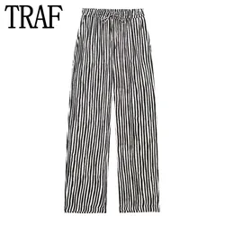 TRAF Striped Wide Leg Pants Women Satin High Waist Baggy Pants Woman Fashion Fluid Trousers Tied Summer Women's Casual Pants