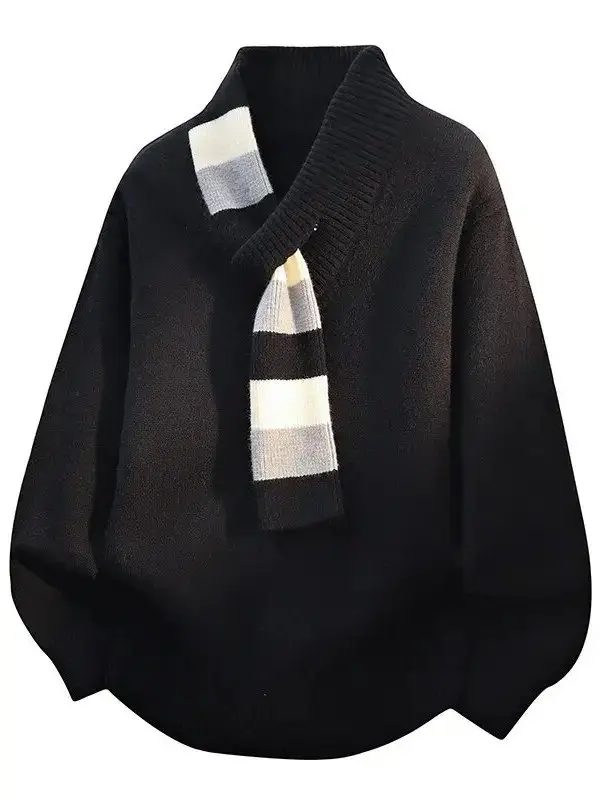 

plus Size V-Ne Knitwear Sweater with Scarf Collar ex Autumn Winter Pure Color Versatile Overhead irt American Casual ...