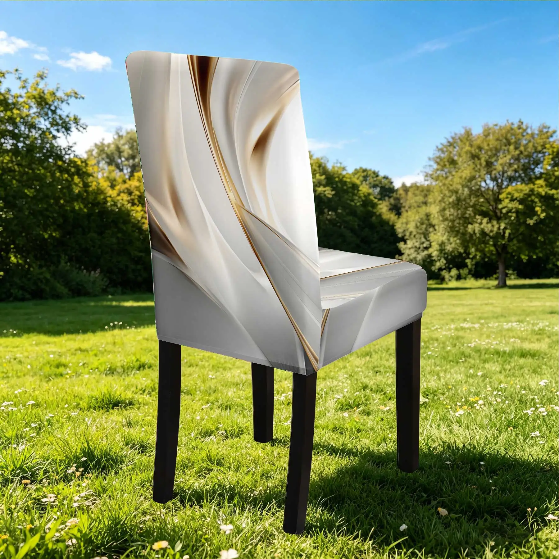 2026 Summer Outdoor Stretch Chair Cover, Modern Abstract Gold - White Swirls Print, All - inclusive Elastic