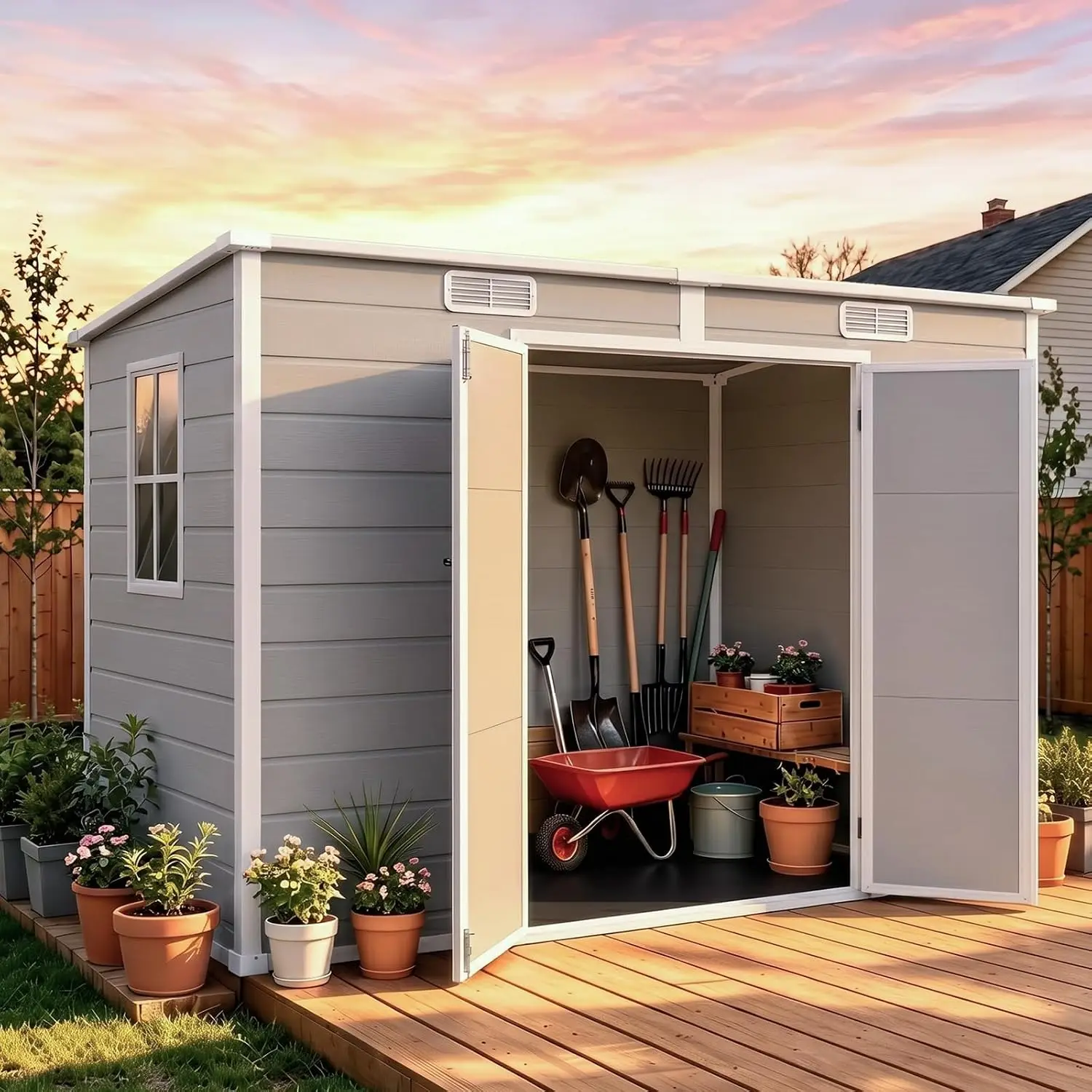 8 x 4 FT Resin Outdoor Storage shed with Floor & Windows & 2 Vents | All-Weather Weatherproof Roof plastic Garden, Customized