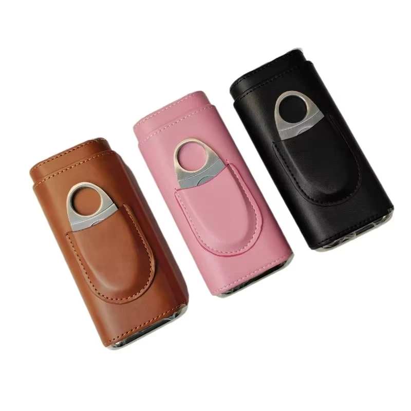 Cigar Case with Cutter Humidor Travel Cigar Pouch, Leather Box, 3 Finger, Portable Holder Tube