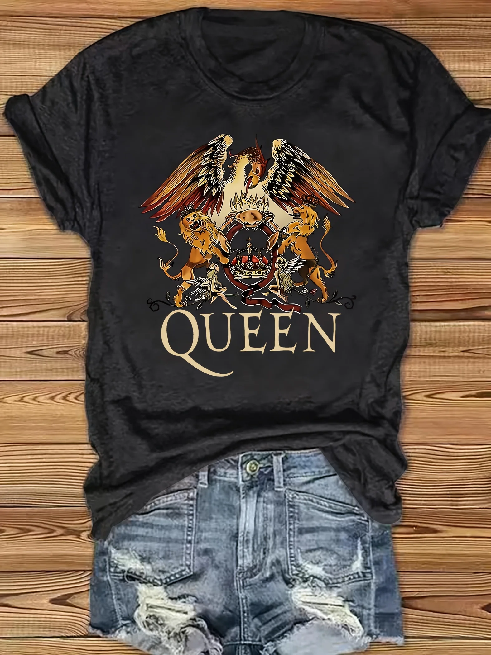 Vintage Graphic & Queen Letter Print T-shirt, Crew Neck Short Sleeve T-shirt For Spring & Summer, Women's Clothing