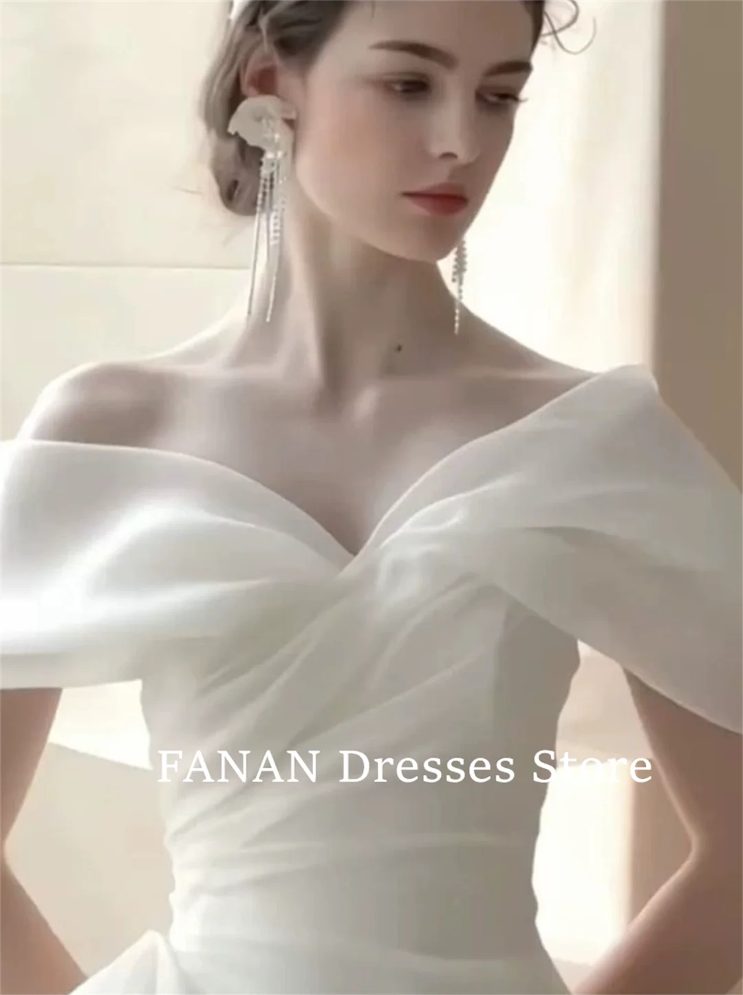 FANAN Korea Off Shoulder Ivory Short Sleeves Wedding Dresses 웨딩드레스 Organza Mermaid Vintage Customized Bride Gowns Plus Size