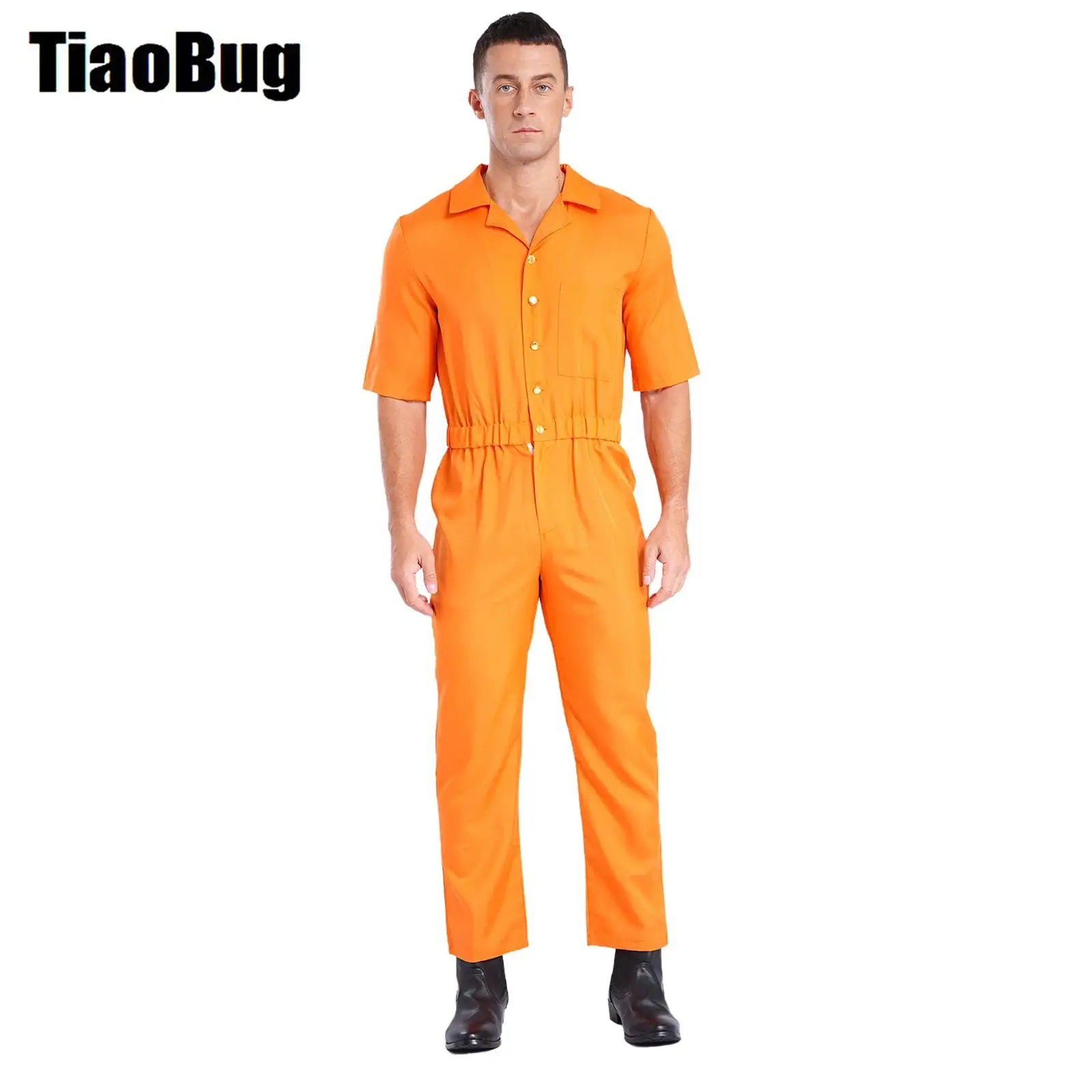 Mens Prisoner Jumpsuit Front Button Back Print Elastic Waist One Piece Overalls Convict Detainee Outfit for Halloween