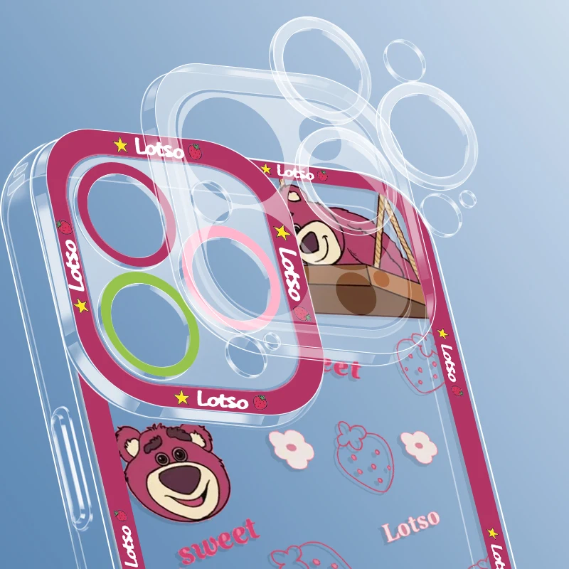 Disney strawberry bear Lotso Apple Case For iPhone 15 14 13 12 11 Mini XS XR X Pro MAX 8 7 6 Plus SE Angel Eyes Transparent