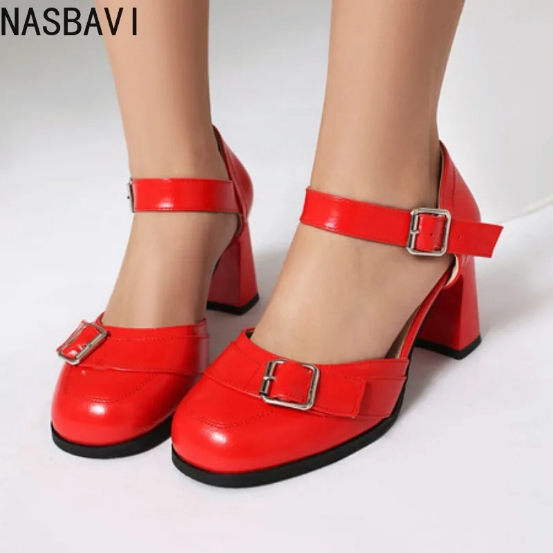 

NASBAVI Summer 2025 Red Black Square Toe Chunky Heels Plus Size Sandals for Women Party Wedding Shoes Block High Heel Sandal