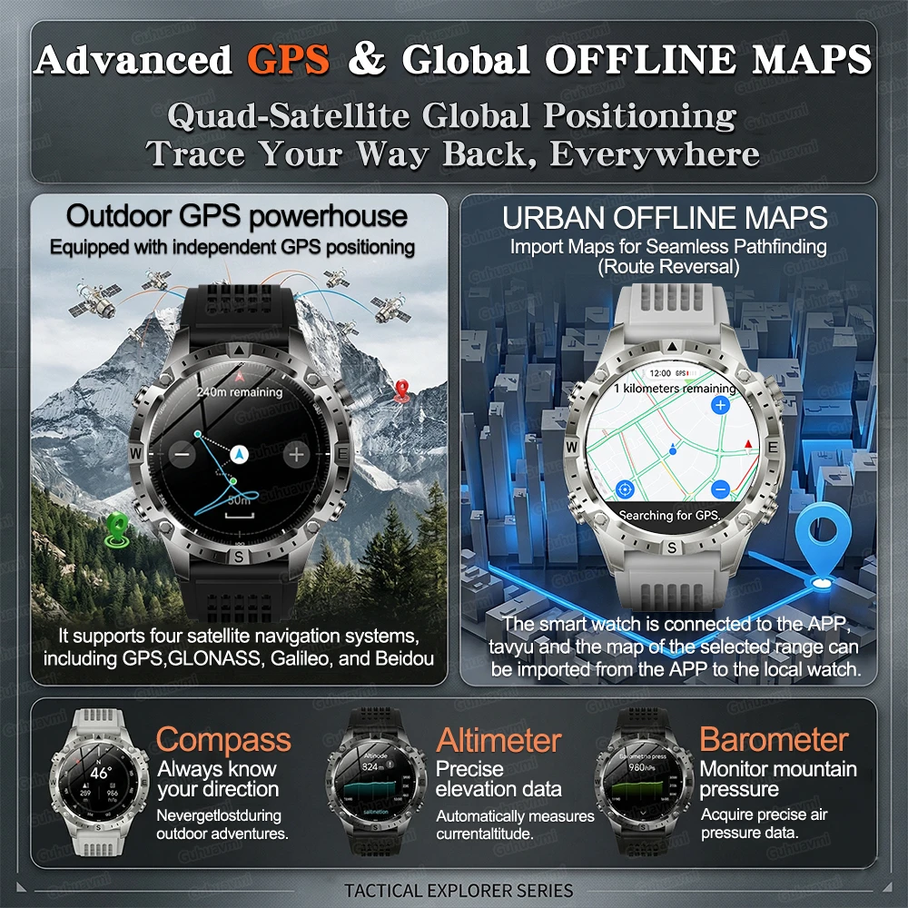 NEW Offline Map GPS Smart Watch 1.43 AMOLED Display Built-in Compass Barometric Altimeter 3ATM Flashlight Voice Call Smartwatch