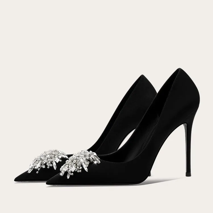 حذاء مرتفع فرنسي بكعب منخفض بتصميم متخصص للنساء مع شرابات وأحجار الراين وأطراف مدببة وكعب رفيع، وهو مثير #1