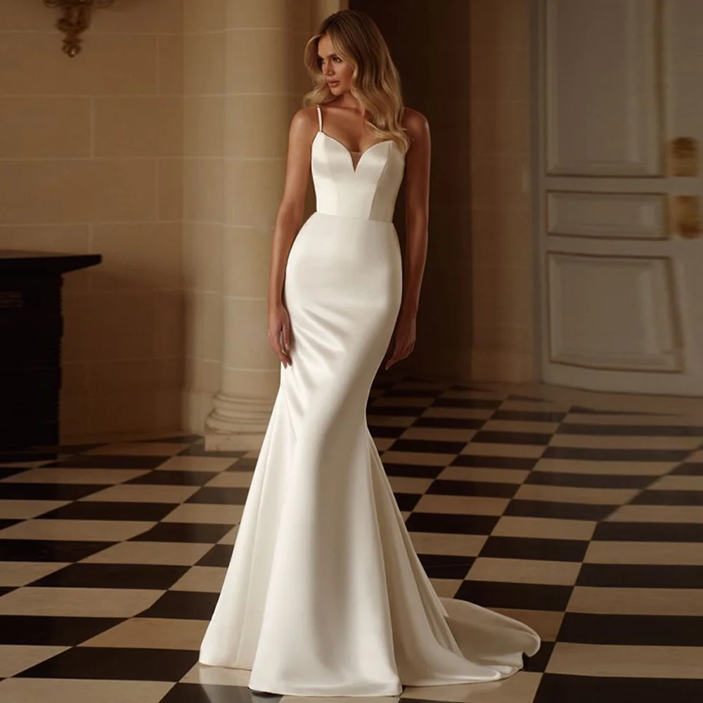 

Customized Ivory Satin Evening Dress Sexy Style V-Neck Spaghetti Straps Bridal Gowns Modern Backless Mermaid Wedding Dresses