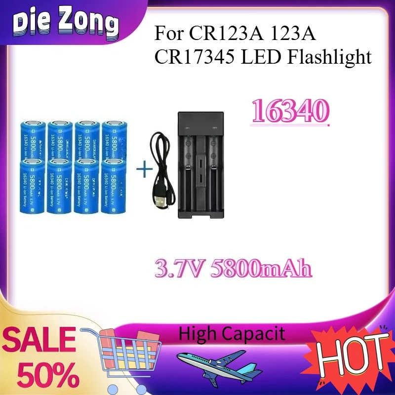 New 3.7V 5800mAh 16340 Rechargeable Lithium Ions Battery with Wall Charger Is Suitable for CR123A 123A CR17345 LED Flashlight