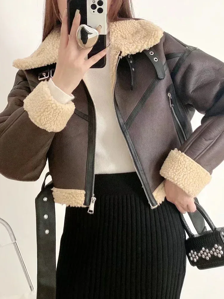 Winter Women Streetwear Faux Lamb Leather Fur Short Jacket with Belt Moto Biker Thick Warm Sheepskin Coat Outwear