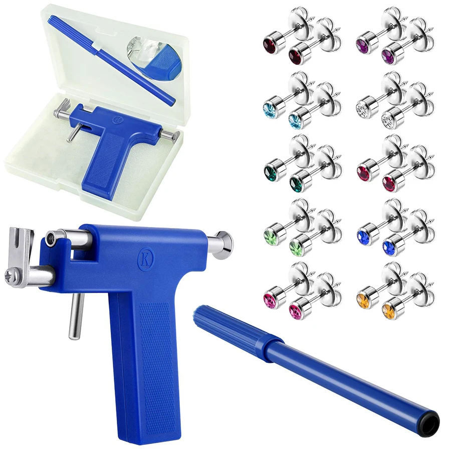 Professional Ear Piercing Tool Set 10pairs Crystal Stud Earring Ear Nose Navel Safety Piercing Machines Pierce Body Piercing Gun