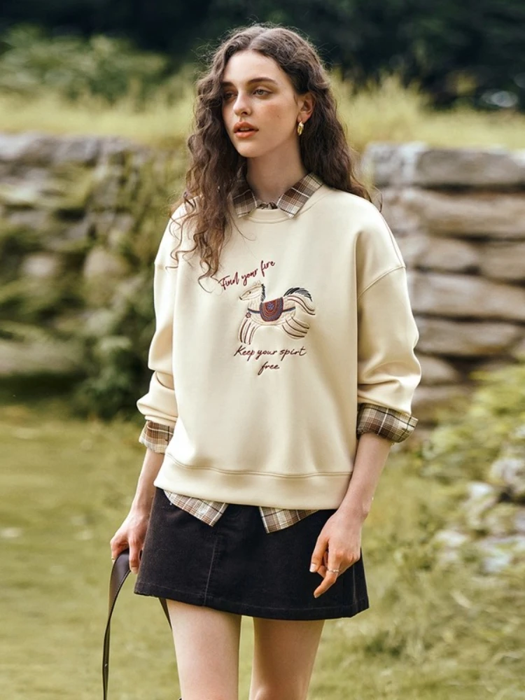 OLrain Women Sweatshirts Autumn 2025 New American Style Casual Loose Pullover Embroidered O-neck Knitted Tops Female O57QR001315