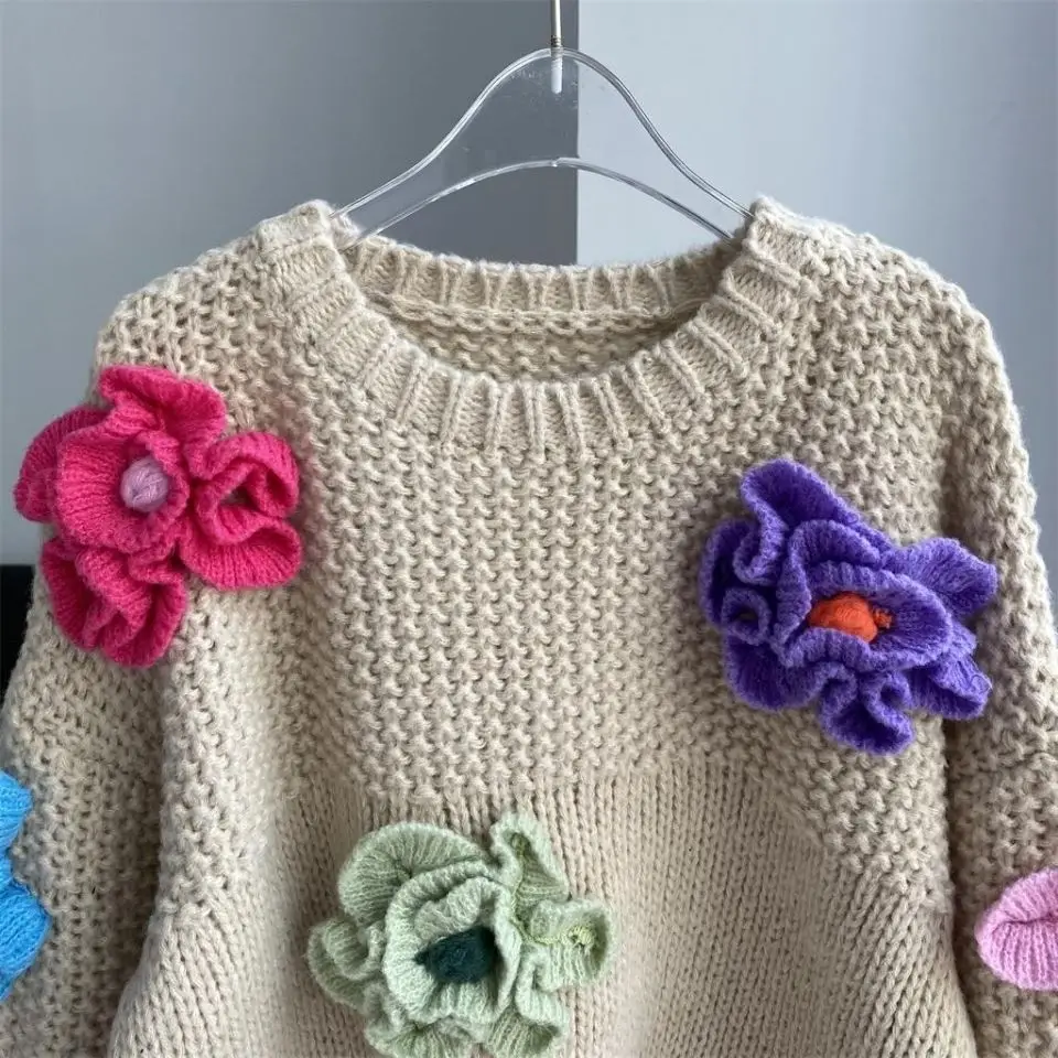 Chic Woman Floral Crocheted Sweater Handmade Hooked 3D Flowers Pullover Loose Knitted Shirts Crop Tops Jumper Sueter Knitwear