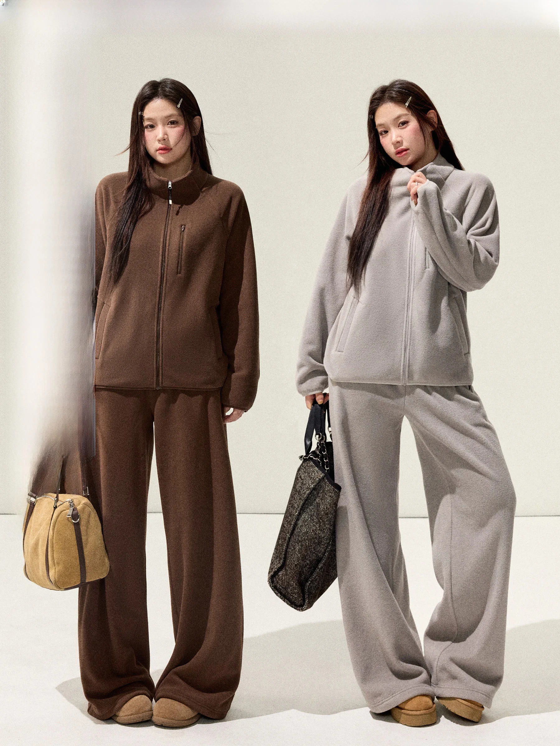

Комплект JULULOOK Plus Size Studio "Crunchy Cookie": худи на молнии и повседневные брюки с высокой талией, утепленные, осенние