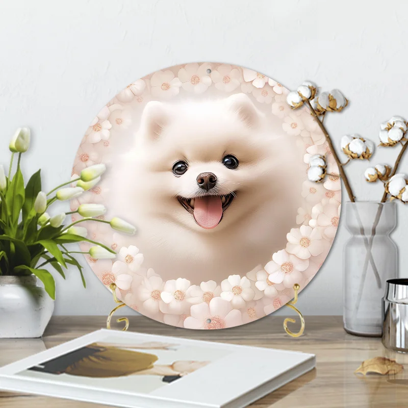 

A White Pomeranian Puppy Is Sitting In A White Circle, Perfect For room Decoration ,wall decor home decoration accessories