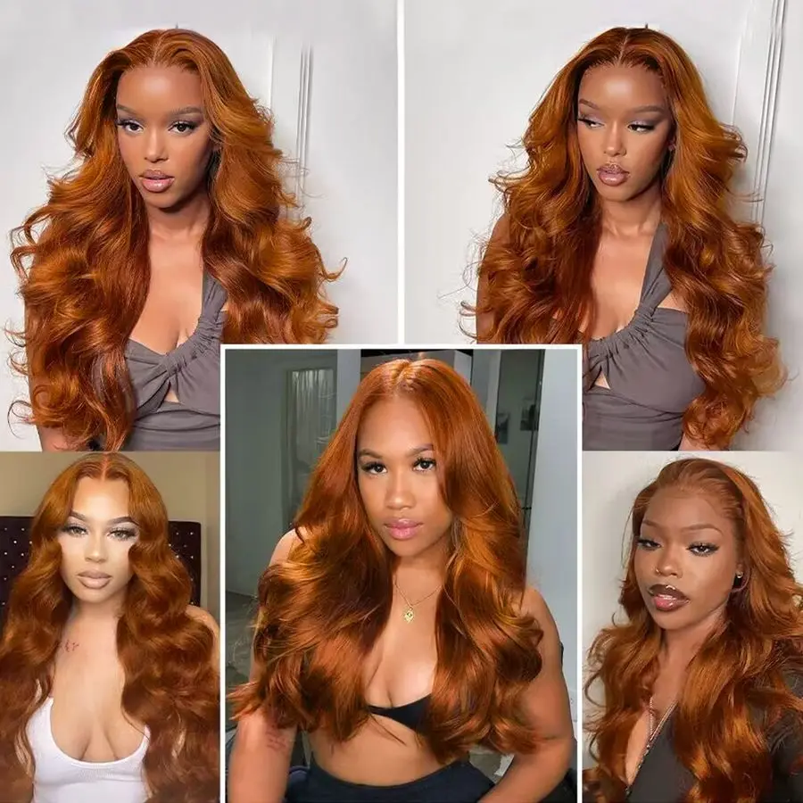 Wig Rambut Asli Dark Ginger Lace Front Model Body Wave Warna Oranye Ginger Brown Brazilian HD Lace Front Wig Rambut Asli Tanpa Lem 150 Density
