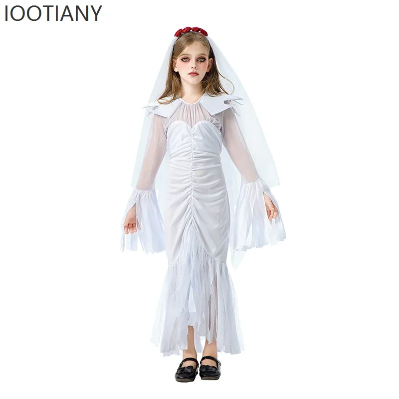 CosplayHalloween الأطفال زي شبح العروس الساحرة زي تأثيري مضحك فستان أبيض كرنفال حفلة فتاة مرحلة الأداء Co