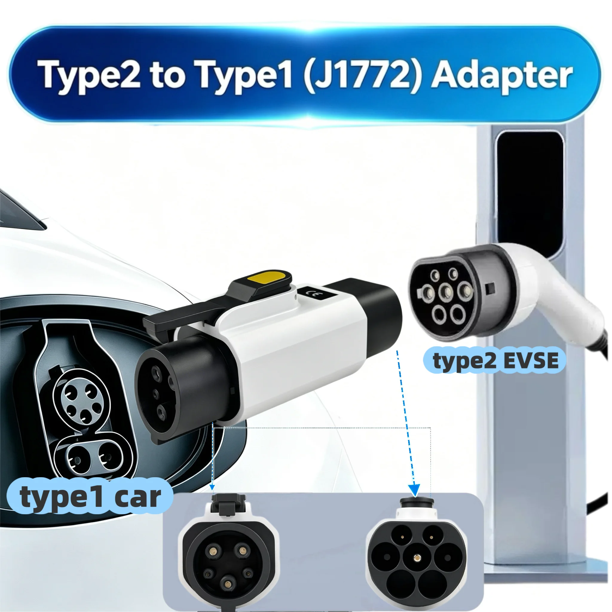 Adapter für Ladegeräte vom Typ 2 auf Typ 1, für EU-Standard-EVSE-Wandladegeräte, zum Laden von Typ-1-Elektrofahrzeug-Ladesteckdosen, Adapter vom Typ 2 auf Typ 1.