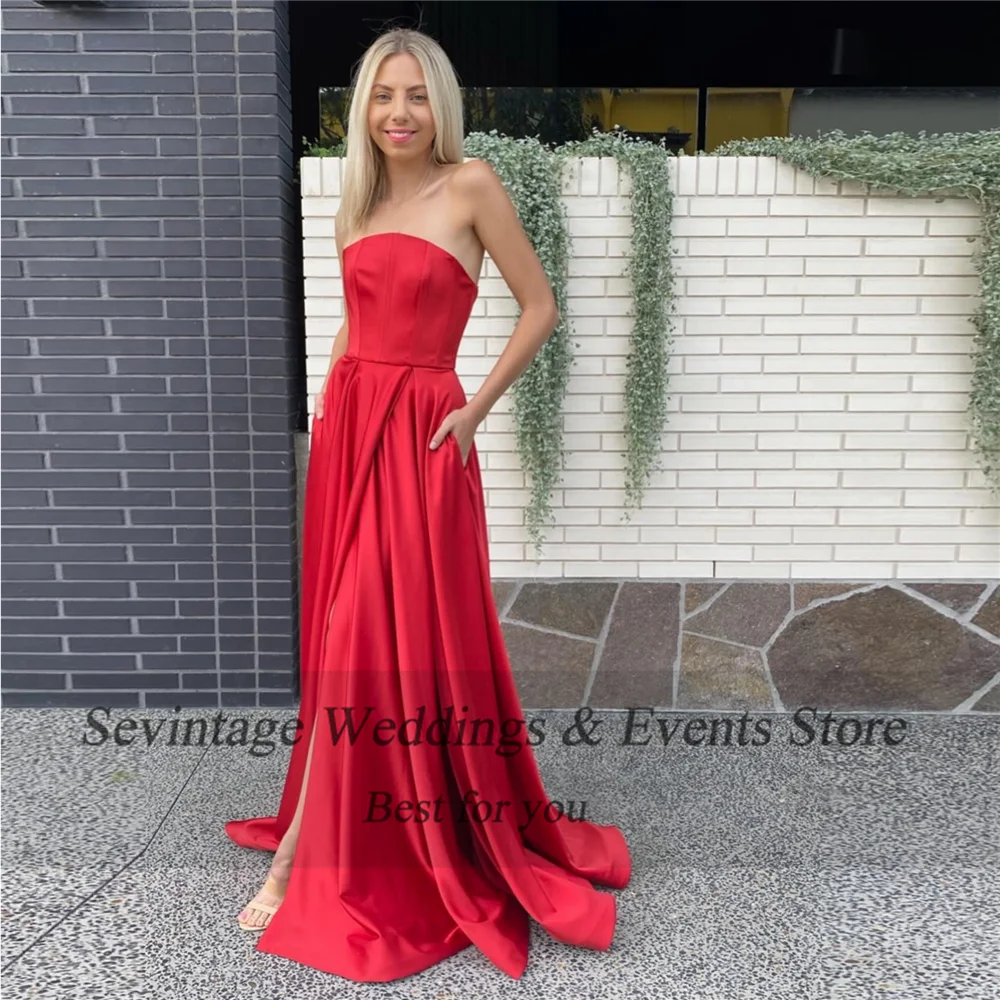 Sevintage Elegant Red Mermaid Evening Dress Strapless Pleat Ruched High Side Slit Floor Length Prom Gown Formal Party Gown 2024