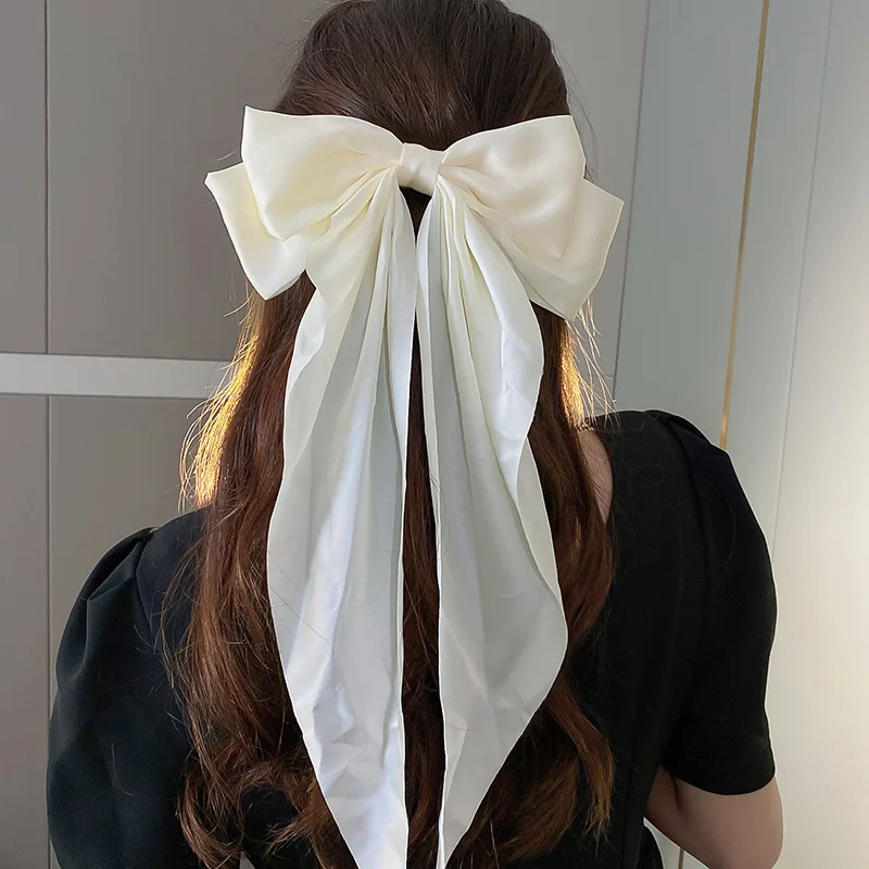 Sweet Bowknot Hairpins Solid Color White Ribbon Bow Hair Clips Soft Satin Long Tassel Hair Pins Women's Fashion Hair Accessories