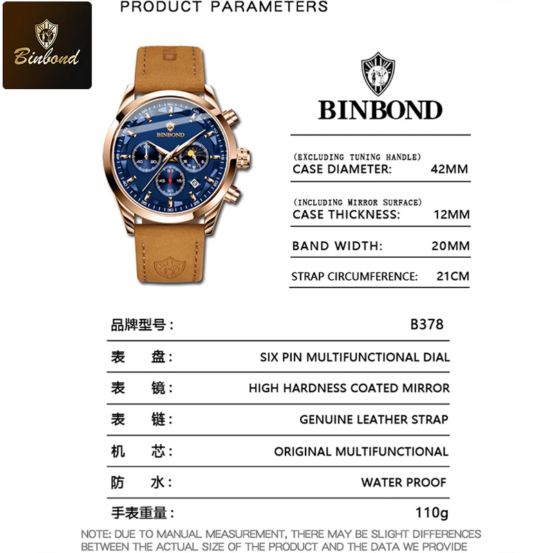 BINBOND Luxury Man Quartz Watch Waterproof Luminous Pointer Date Chronograph Leather Men Wristwatch Military Sports Male Watches