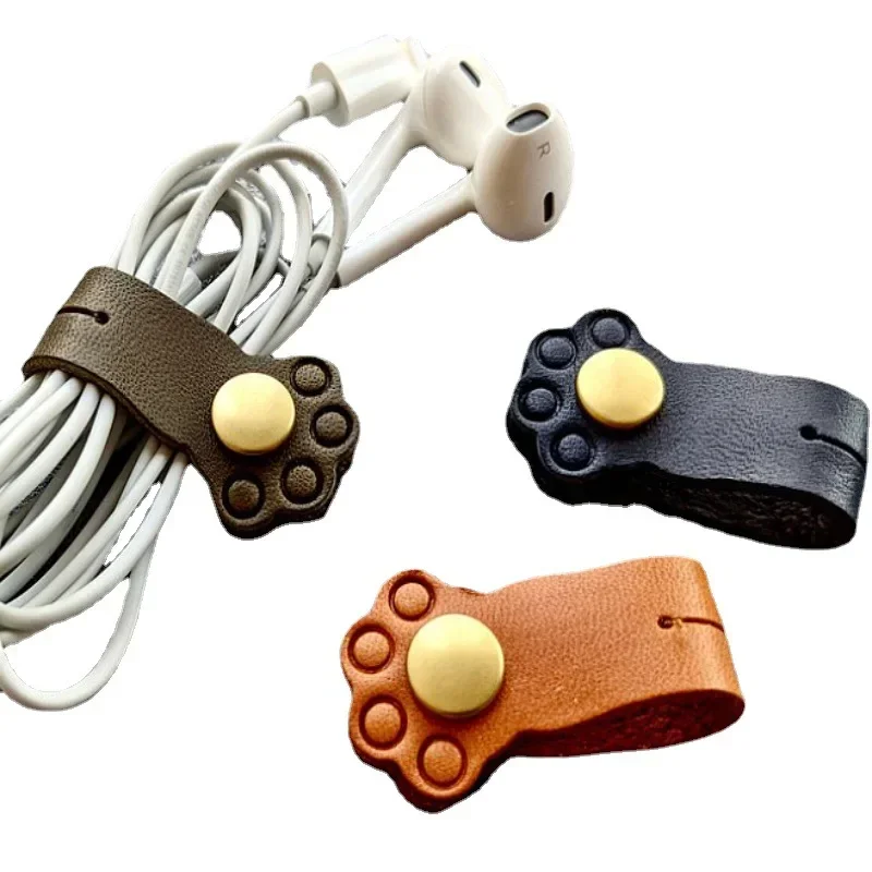 Cute Cat Paw Buckle Holder Leather Mobile Phone Data Cable Winder Silicone Cartoon Earphone Cable Wire Storage Clip Organizer