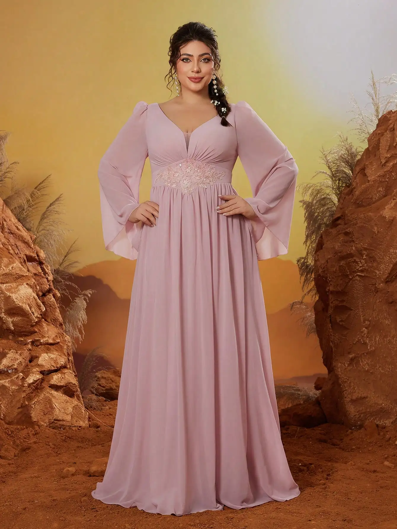 

Mgiacyv-neck pearl chiffon irregular sleeves with a shorter front and longer back hem high-end evening dress