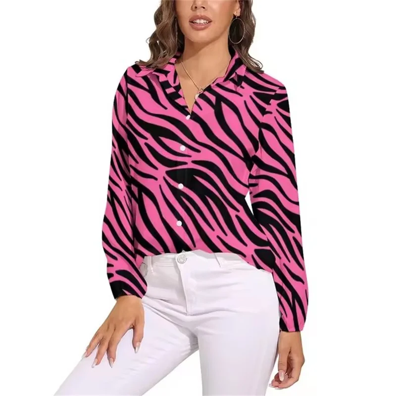 Green Zebra Stripes Blouse Woman Animal Print Casual Loose Blouses Long Sleeve Kawaii Shirts Graphic Top Big Size 2XL 3XL