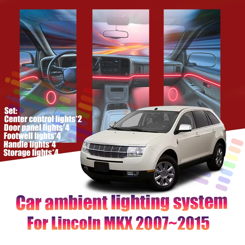 Luces LED Ambientales para Auto Lincoln MKX 2007~2015 U388 MK1, Luces de Atmósfera Coloridas, Tira de Neón Interior para Auto, Iluminación RGB de 64 Colores