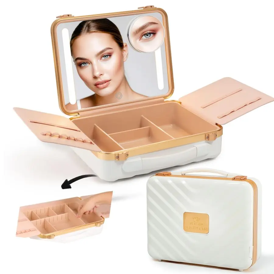 

GLAM Lighted Makeup Case with Mirror Portable Travel Makeup Organizer with LED Mirror, 3 Light Settings, ADJUSTABLE DIVIDERS, M
