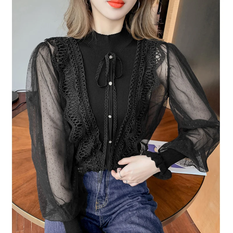 Women Stylish Lace Patchwork Vintage Elegant Slim Knitwear Spring Autumn Half High Collar Long Sleeve Pullover Blouses Chic Tops